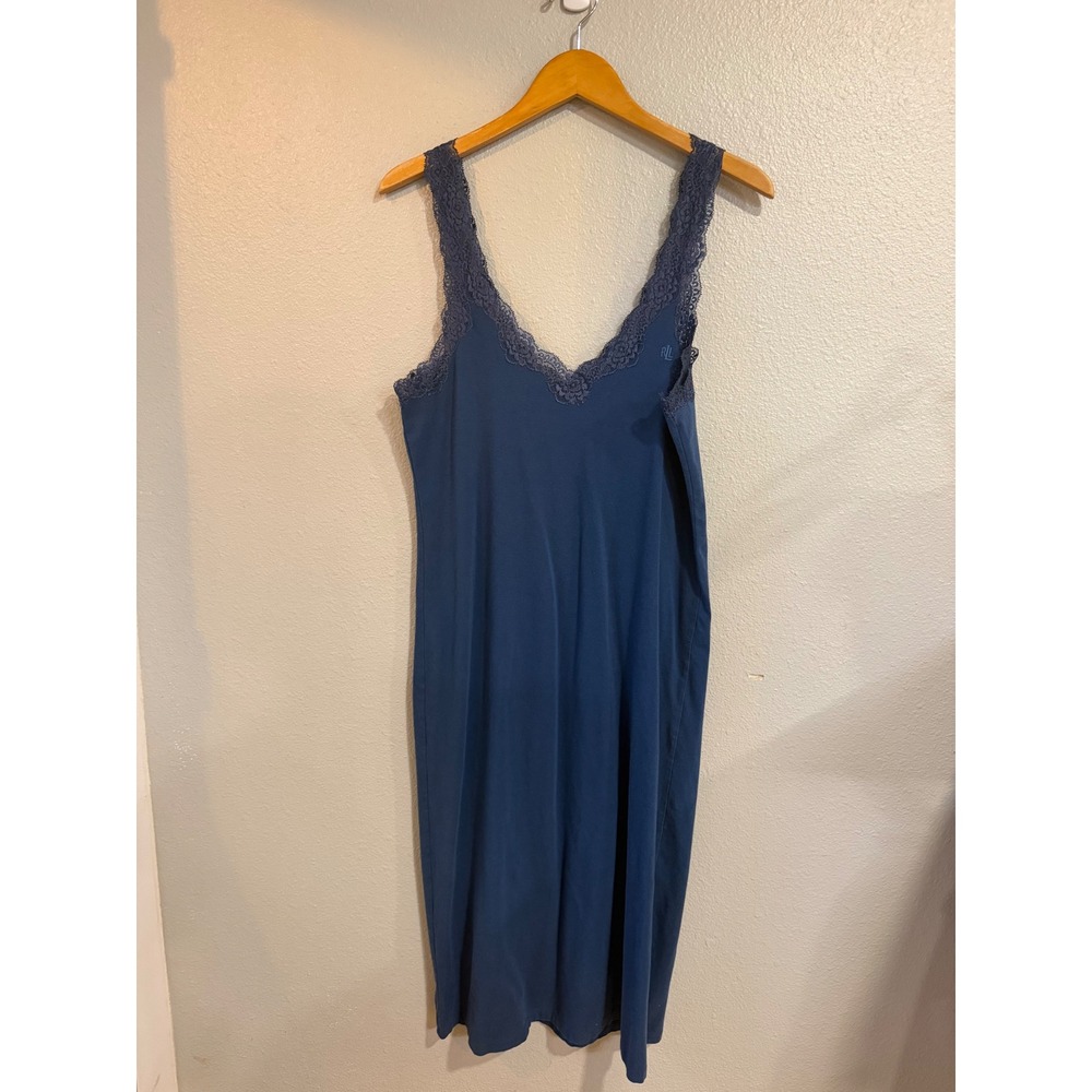 Lauren Ralph Lauren Nightgown Women Large Blue Lace Trim Cotton Modal Sleeveless